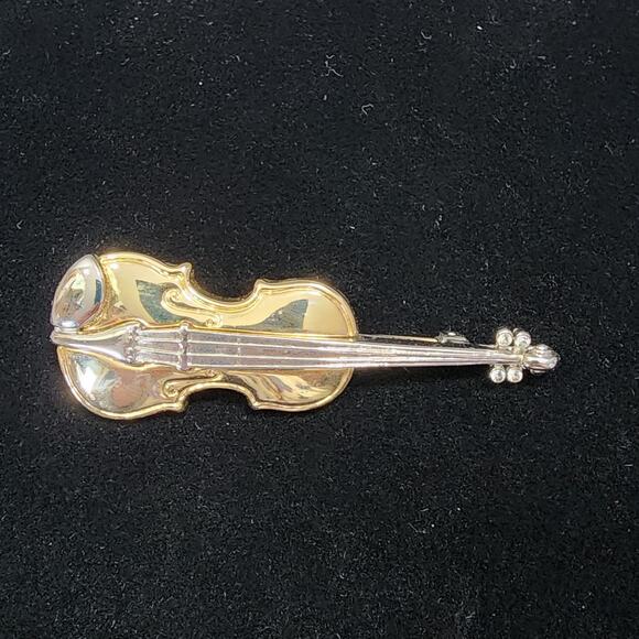 Violin Brooch Pin Rhinestone Accents On Bridge Gold & Silver Tone Vintage - Picture 4 of 16